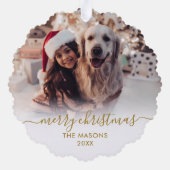 金ゴールドモダンホワイトスクリプト2家族の写真クリスマス オーナメントカード (裏面)