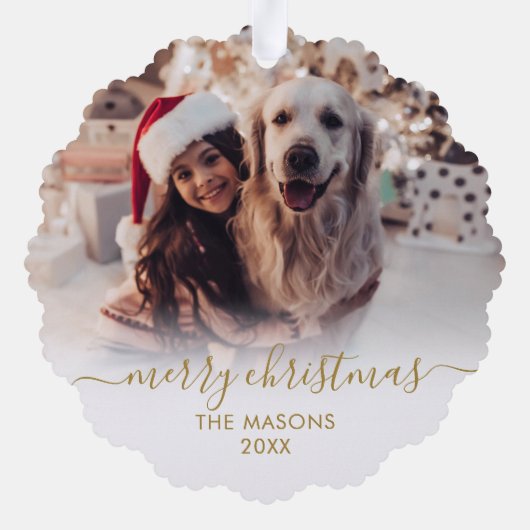 金ゴールドモダンホワイトスクリプト2家族の写真クリスマス オーナメントカード (裏面)