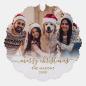 金ゴールドモダンホワイトスクリプト2家族の写真クリスマス オーナメントカード (正面)