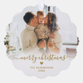 金ゴールドモダンホワイトスクリプト2家族の写真クリスマス オーナメントカード