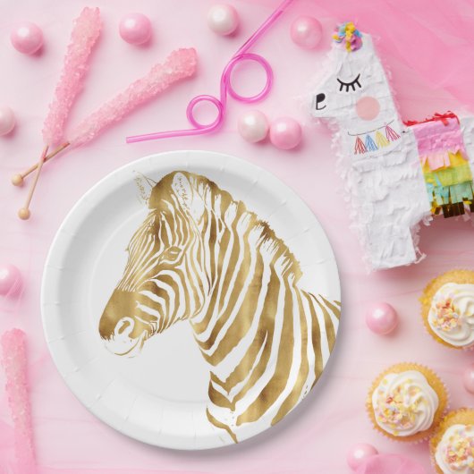 金ゴールドモダンホワイトゼブラアニマルサファリデザイン ペーパープレート (パーティー)