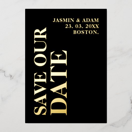 金ゴールドモダンホワイトフォトウェディング日付の保存 箔招待状 (正面)