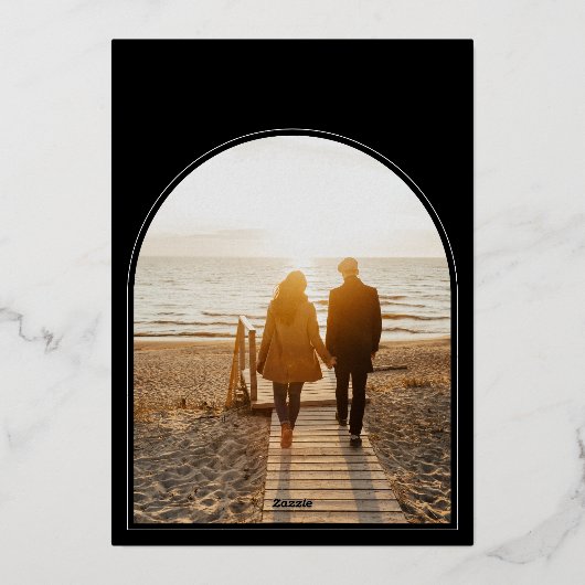 金ゴールドモダンホワイトフォトウェディング日付の保存 箔招待状 (裏面)