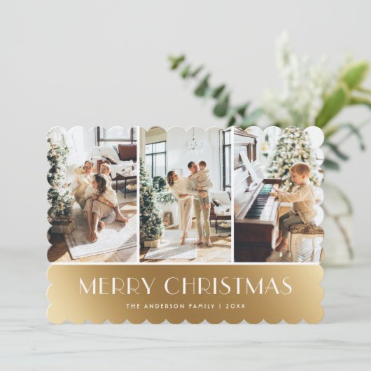 金ゴールドモダンホワイトフォトメリークリスマスカード シーズンカード (スタンド正面)