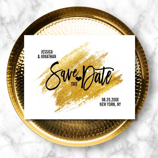 金ゴールドモダンホワイトブラックウェディング日付を保存 案内ポストカード