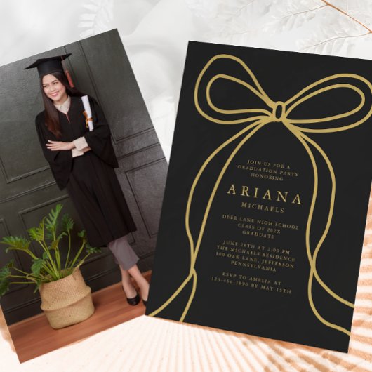 金ゴールドモダンボウフォト卒業パーティー招待状 案内状