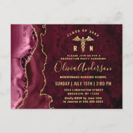 金ゴールドモダンマルーンRN卒業パーティー招待状 ポストカード