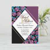 金ゴールドモダンマーブブラックフラワーウォーターカラースウィート16 招待状 (スタンド正面)