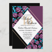 金ゴールドモダンマーブブラックフラワーウォーターカラースウィート16 招待状 (正面/裏面)