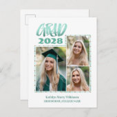 金ゴールドモダンミントスクリプト3写真卒業 案内ポストカード (正面/裏面)