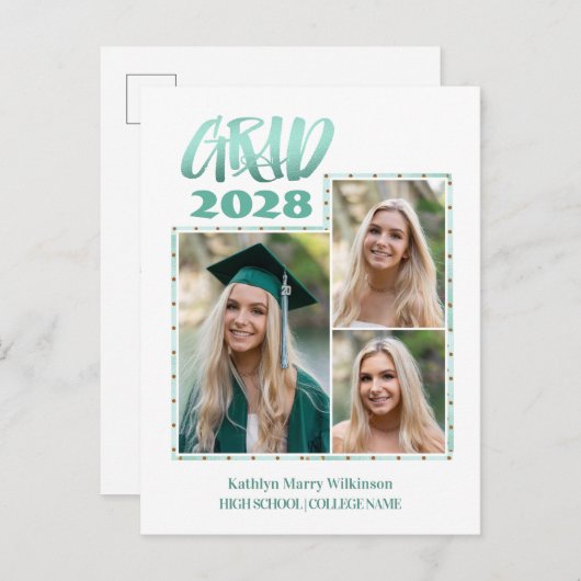 金ゴールドモダンミントスクリプト3写真卒業 案内ポストカード (正面/裏面)