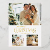 金ゴールドモダンメリークリスマスタイポグラフィ3 – 写真 箔シーズンポストカード (正面)