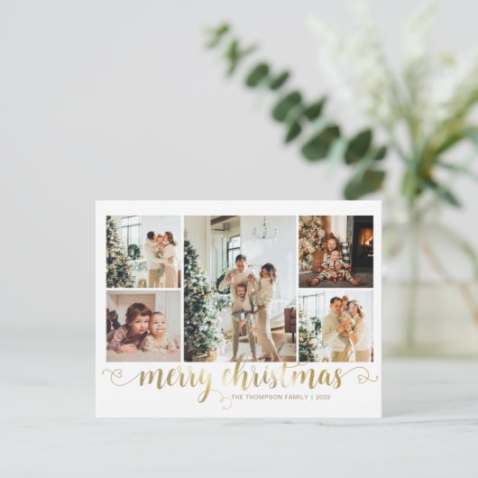 金ゴールドモダンメリークリスマスハートスクリプト5写真 シーズンポストカード (スタンド正面)