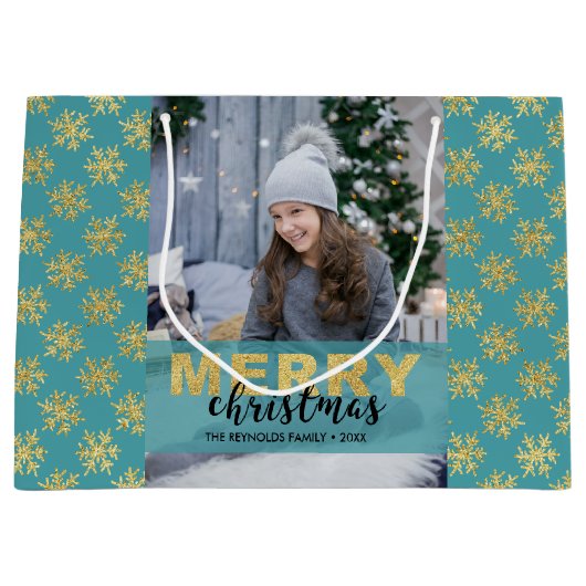 金ゴールドモダンメリークリスマスフォトラージ抱き枕 ラージペーパーバッグ (正面)