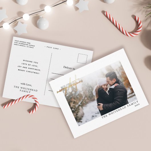 金ゴールドモダンメリークリスマスレタリング写真白 ポストカード