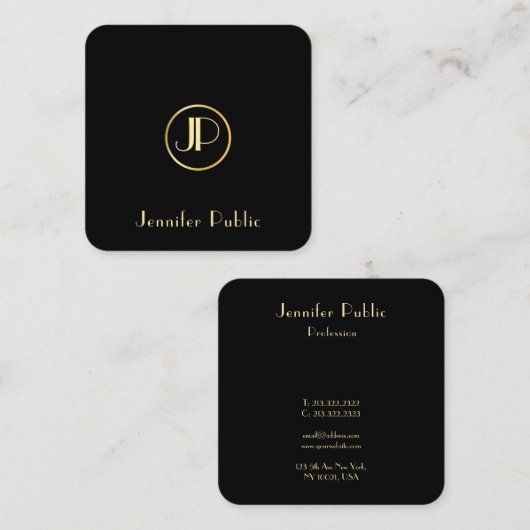 金ゴールドモダンモノグラムブラックテンプレートエレガントトレンディー スクエア名刺 (正面/裏面)