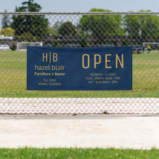 金ゴールドモダンモノグラムロゴブルースクウェア開く 横断幕 (インサイチュ)