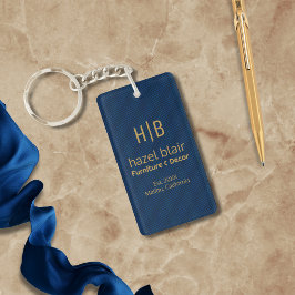 金ゴールドモダンモノグラムロゴ青い正方形パターン キーホルダー