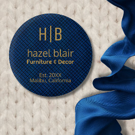 金ゴールドモダンモノグラムロゴ青い正方形パターン 缶バッジ