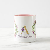 金ゴールドモダンモノグラムA水彩フローラリース ツートーンマグカップ (中央)