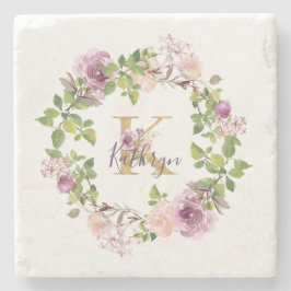 金ゴールドモダンモノグラムK水彩フローラリース ストーンコースター