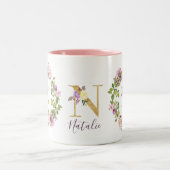 金ゴールドモダンモノグラムN水色フローラリース ツートーンマグカップ (中央)