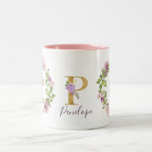 金ゴールドモダンモノグラムP水色フローラリース ツートーンマグカップ (中央)