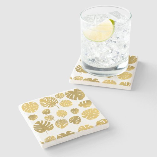 金ゴールドモダンモンステラ熱帯葉模様 ストーンコースター (横)