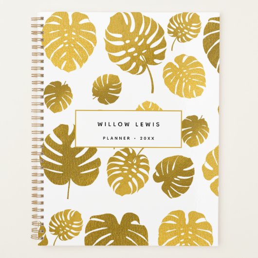 金ゴールドモダンモンステラ熱帯葉模様 プランナー手帳 (正面)