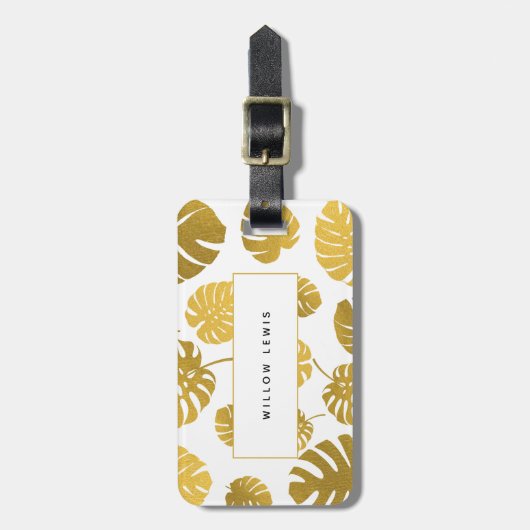金ゴールドモダンモンステラ熱帯葉模様 ラゲッジタグ (正面縦)