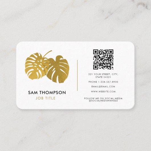 金ゴールドモダンモンステラ熱帯QRコードソーシャルメディア 名刺 (正面)