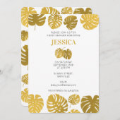 金ゴールドモダンモンステ葉ラベイビーのシャワー 招待状 (正面/裏面)