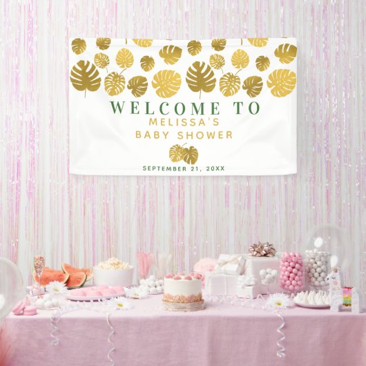 金ゴールドモダンモンステ葉ラBaby Shower Welcome 横断幕 (パーティー)
