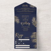 金ゴールドモダンヤシの木の熱帯ネイビー結婚ブルー オールインワン招待状 (内側)