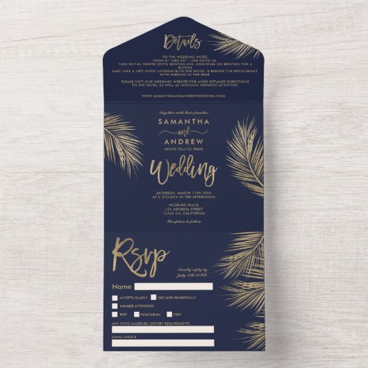 金ゴールドモダンヤシの木の熱帯ネイビー結婚ブルー オールインワン招待状 (内側)