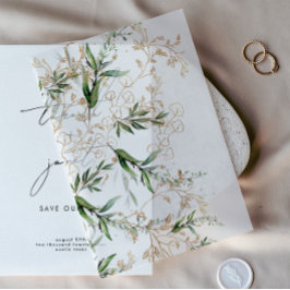 金ゴールドモダンユーカリプスグリーナリーサージオーバーレイ ベラム紙招待状