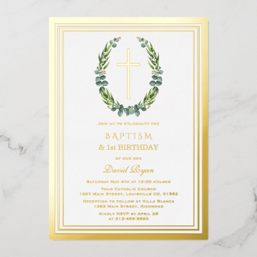 金ゴールドモダンユーカリプタスボーイ1stバースデーバプテスマ 箔招待状 (正面)