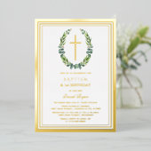 金ゴールドモダンユーカリプタスボーイ1stバースデーバプテスマ 箔招待状 (立ち正面)