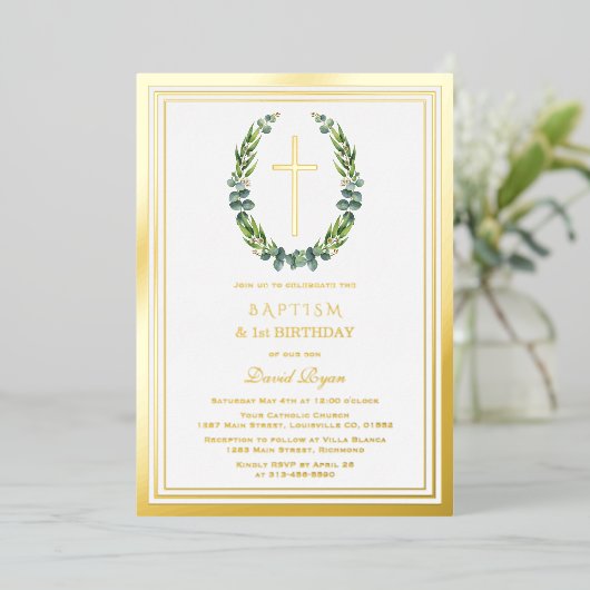 金ゴールドモダンユーカリプタスボーイ1stバースデーバプテスマ 箔招待状 (立ち正面)