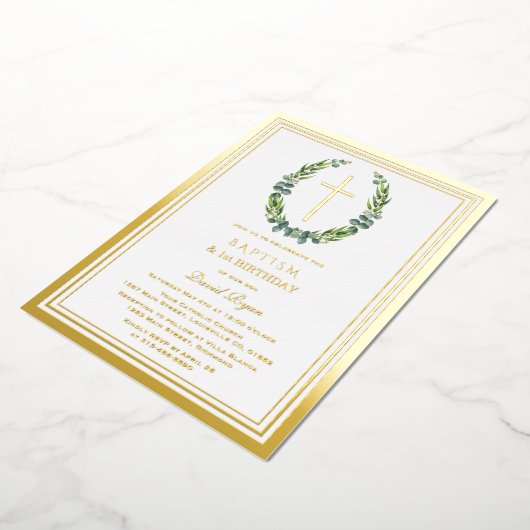 金ゴールドモダンユーカリプタスボーイ1stバースデーバプテスマ 箔招待状 (回転した状態)