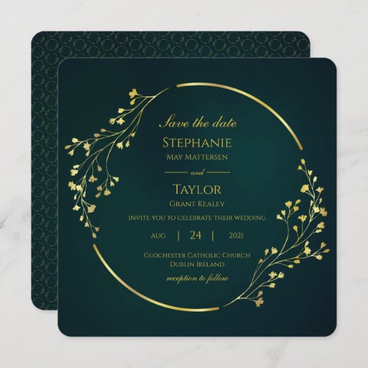 金ゴールドモダンユーカリプトゥスグリーンザデイト 招待状 (正面/裏面)