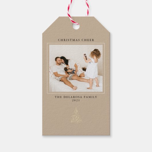 金ゴールドモダンライトツリー写真クリスマス応援Kraft ギフトタグ (正面)