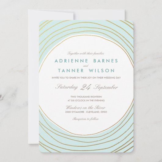 金ゴールドモダンリングや輪光アクア結婚ズ 招待状 (正面)