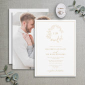 金ゴールドモダンリーピークレストモノグラム写真結婚の 招待状