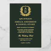 金ゴールドモダンリーピークレストモノグラム写真結婚の 箔招待状 (正面)