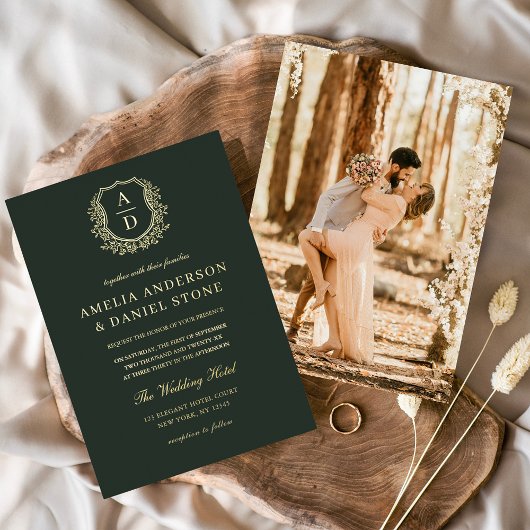 金ゴールドモダンリーピークレストモノグラム写真結婚の 箔招待状