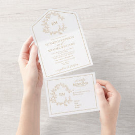金ゴールドモダンリーピークレストモノグラム結婚ズ オールインワン招待状