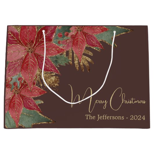 金ゴールドモダンレッドエレガントポインセチア・メリークリスマス ラージペーパーバッグ (正面)