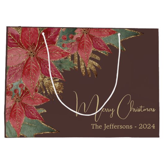 金ゴールドモダンレッドエレガントポインセチア・メリークリスマス ラージペーパーバッグ (裏面)