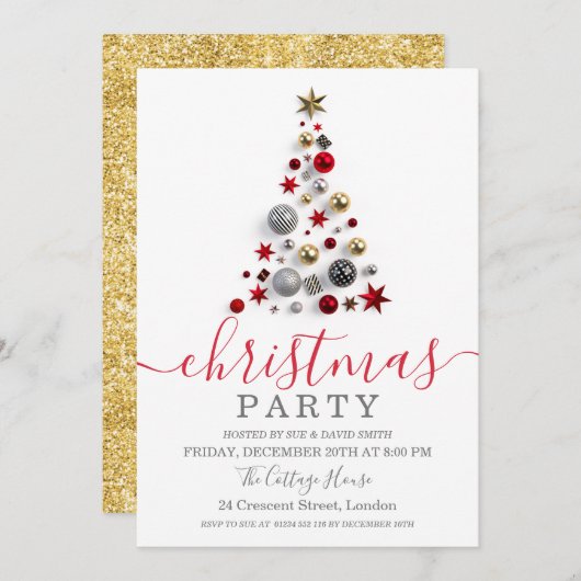 金ゴールドモダンレッドバウブルツリーホリデークリスマス 招待状 (正面/裏面)